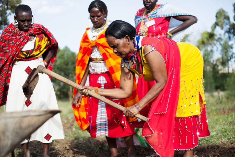 a group of Indigenous Kenyan woman look on as one woman hoes the ground to plant seeds