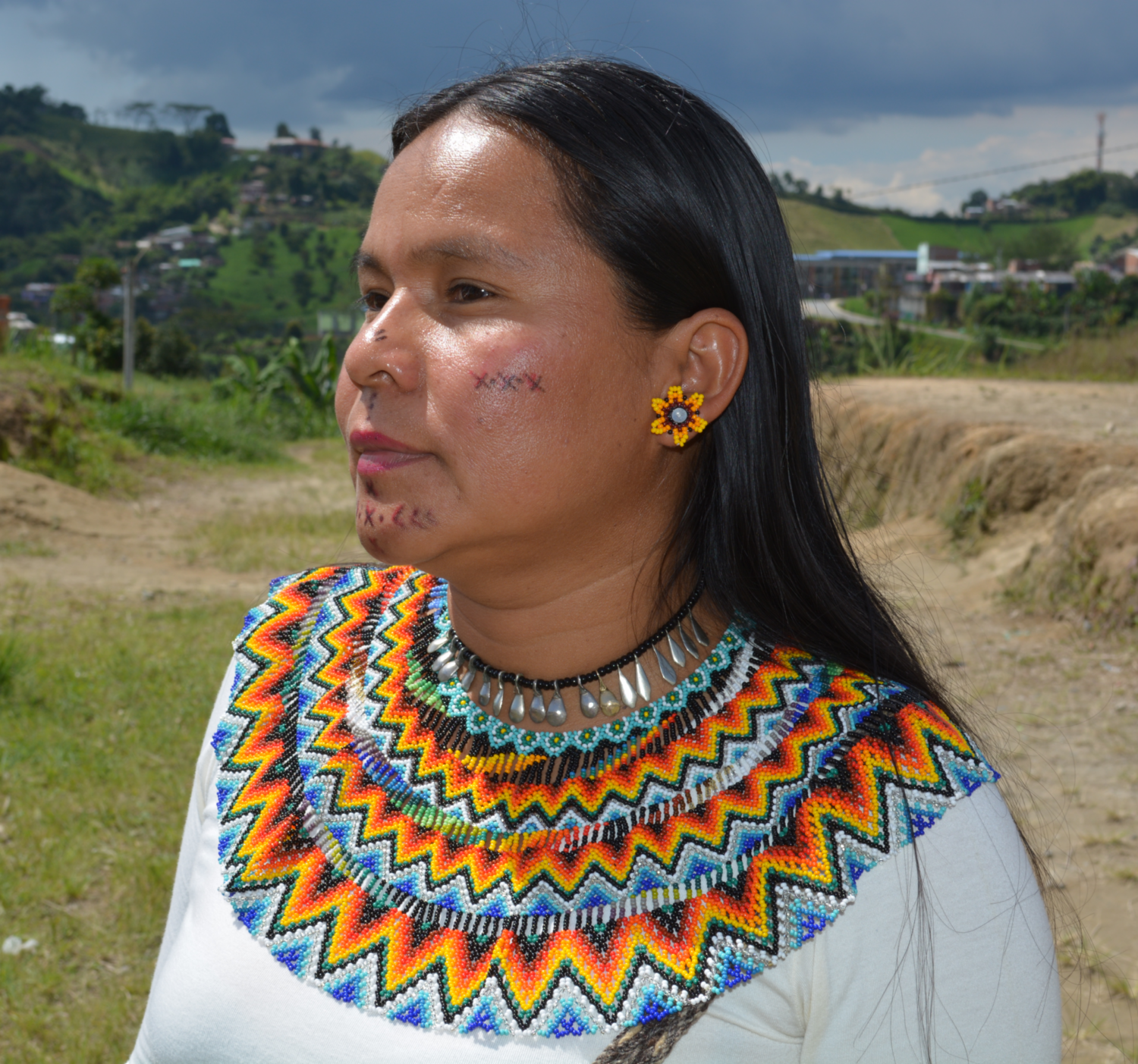 a young Indigenous woman stands in a field in Colombia