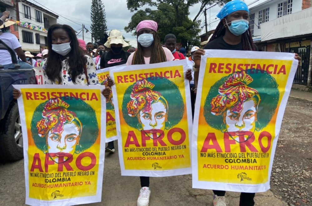 three Afro-Colombian women at a protest in Colombia