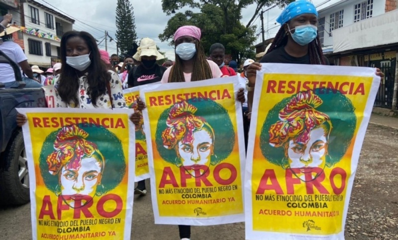 three Afro-Colombian women at a protest in Colombia