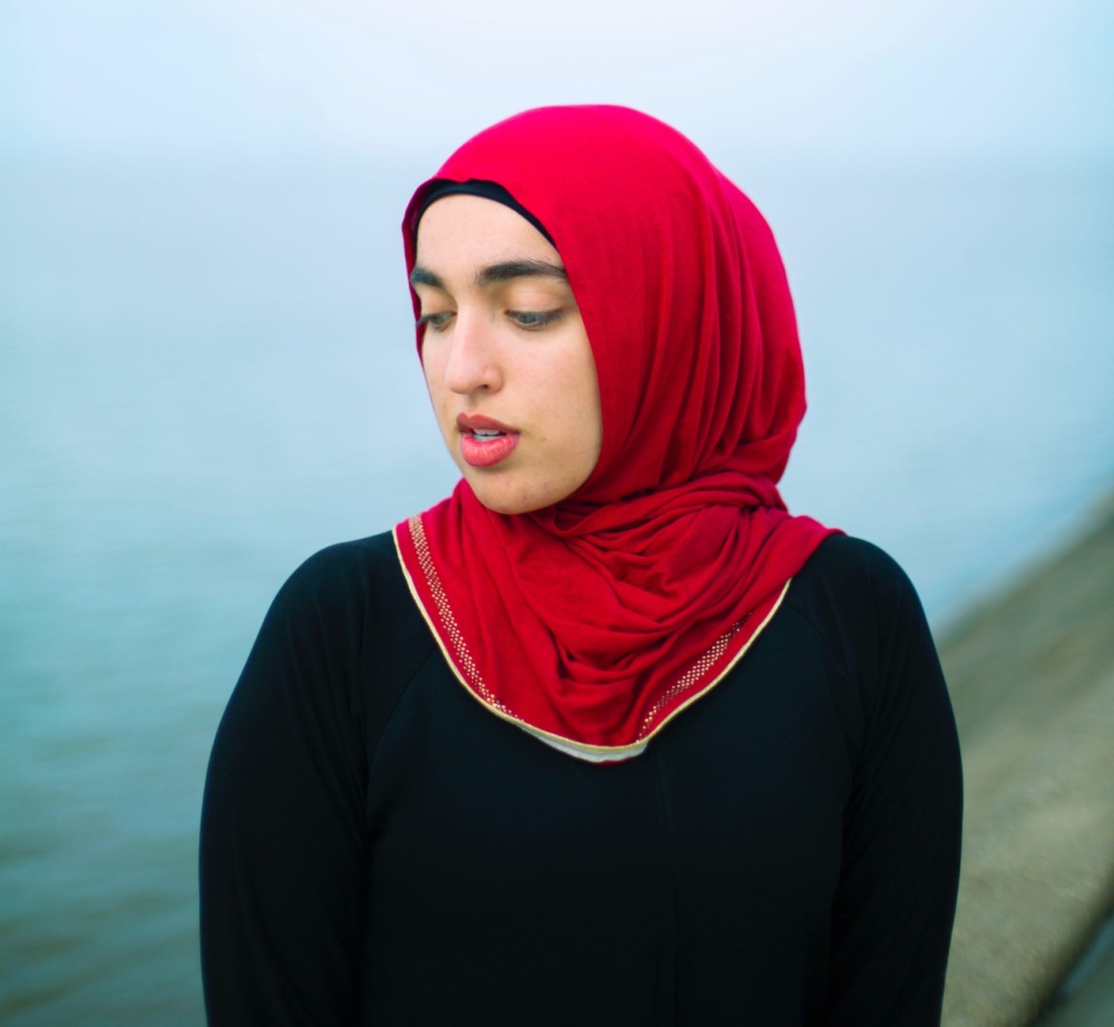 Woman in red hijab