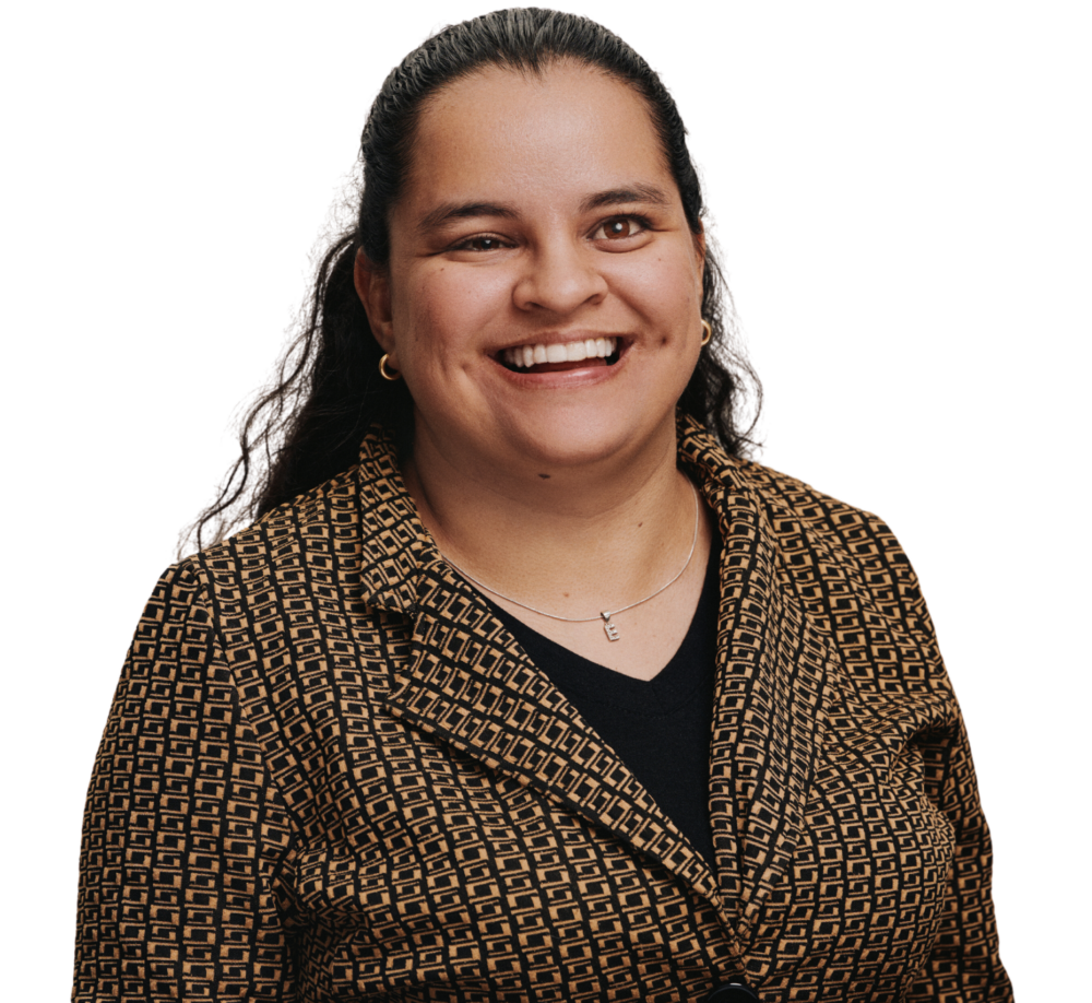 a cutout headshot of Estefania Cubillo she is smiling and wearing a blazer