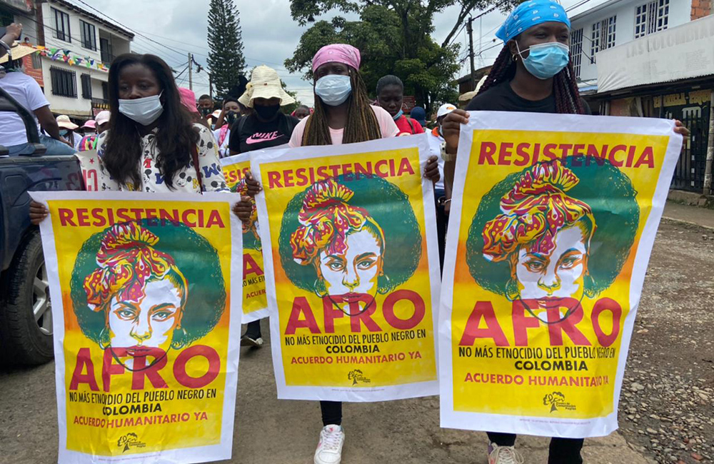 three Afro-Colombian women at a protest in Colombia