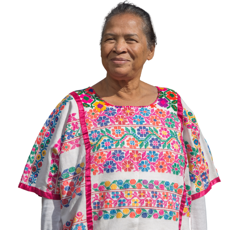Portrait image of Rose Cunningham Kain with her hair pushed back, wearing a traditional Indigenous shirt with colorful floral embroidery.